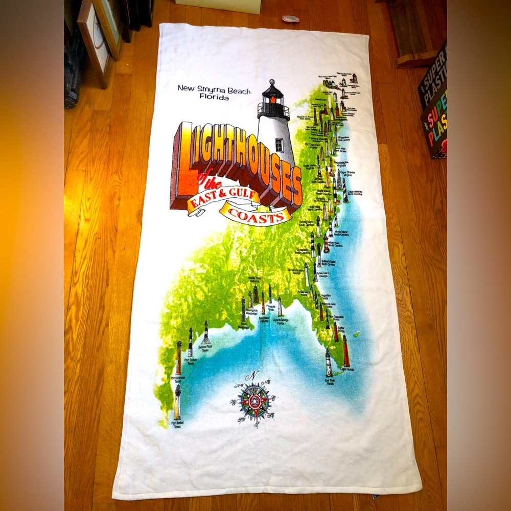 Vintage Lighthouses of the East & Gulf Coast Beach Towel New Smyrna Beach FL